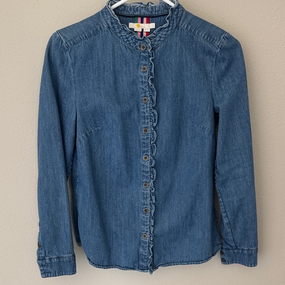 Boden Tops - Boden Blue Denim Ruffle Shirt